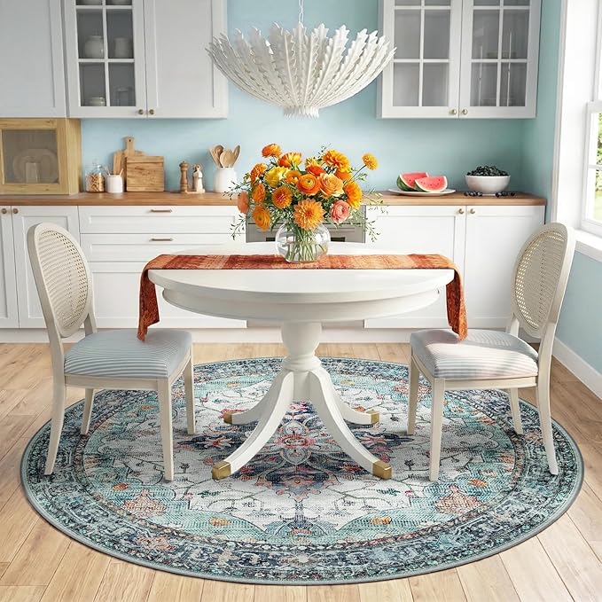 RELEANY Area Rugs 6ft Washable Non-Slip, Floral Vintage Distress Print Pattern Medallion Carpet for Living Room Bedroom Dining Room, Green Navy Blue White Red Teal Colorful