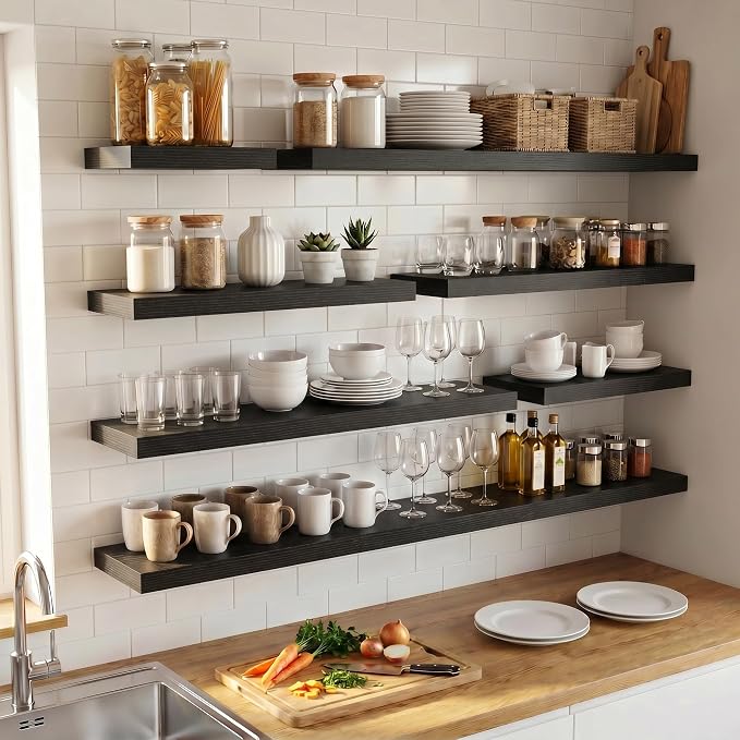 Venusmiles Floating Shelves for Wall, 72 Inch Floating Shelves Set of 2, 6.5" D Wooden Wall Mounted Display Shelves with Invisible Brackets for Living Room, Bedroom, Bathroom, Kitchen Decor, Black
