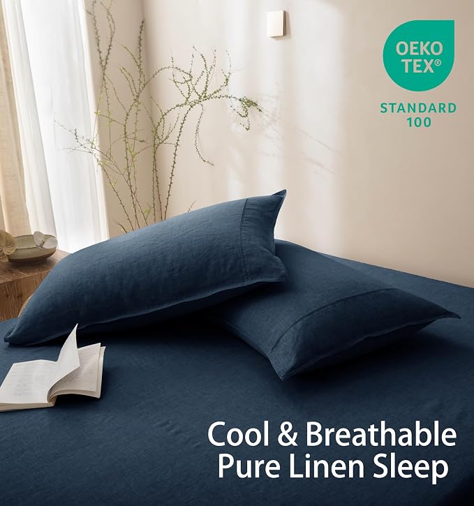 Talasily 100% French Linen Pillow Case King Size Set of 2,Oeko-TEX Certified Stone Washed Flax Pillow Shams with Envelope Closure - Breathable & Cooling for Hot Sleepers（Navy Blue,20''x36''）