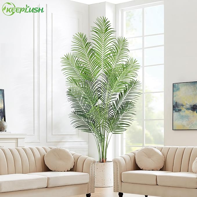 Artificial Palm Tree 7ft Tall Fake Palm Tree Indoor Decor with 18 Leaves and Real Bark Design Faux Tropical Areca Palm Silk Floor Plant in Pot for Home Office Living Room Bedroom Decor 1pcs