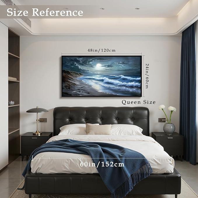imjiayu Beach Wall Art, Large Framed Wall Art, Coastal Wall Decor, Moonlit Wave Landscape Art, Blue Grey Ocean Picture Prints, Modern Paintings for Living Room Bedroom Hallway Home Office 24"x48"