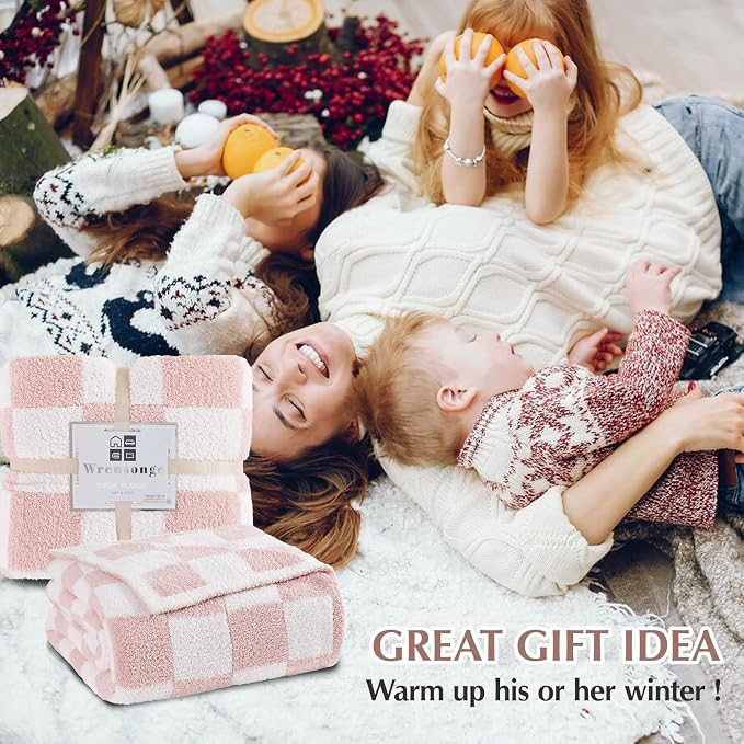 WRENSONGE Soft Checkered Throw Blanket for Couch-Cozy Warm Knitted Blankets | Lightweight Warm Fluffy Decor for Women, Mom, Her & Girls, Sofa, Chair, Bed, 50x60in,Pink