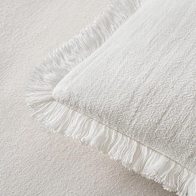 MIULEE Decorative Throw Pillow Covers Neutral Linen Fringe Throw Pillows Set of 2 White Boho Farmhouse Cushion Covers with Tassels for Couch Sofa Bed Living Room Home Spring Decor 18x18 Inch