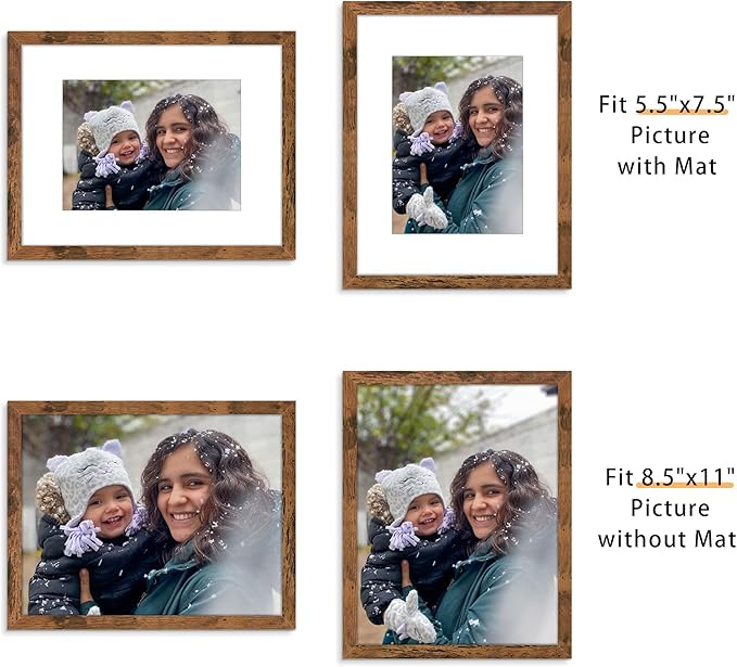 Picrit 8.5x11 Picture Frame Set of 12, Display 6x8 with Mat or 8.5 x 11 without Mat, Photo Frames for Wall Mounting or Table Top Display, Brown