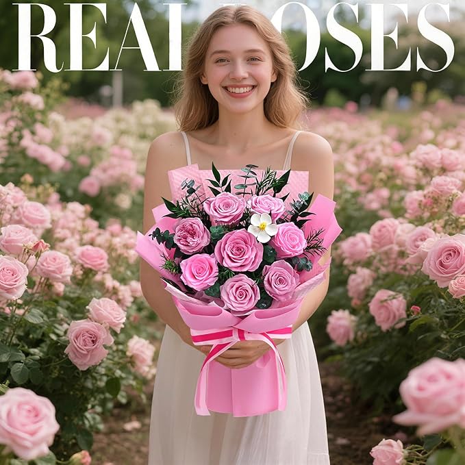 Forever Rose Flowers for Delivery, 8-Piece Preserved Roses Bouquet Birthday Gifts for Women, Long Lasting Purple Roses with Gift Box for Mom, Forever Flowers with Vase for Her Wife Girlfriend