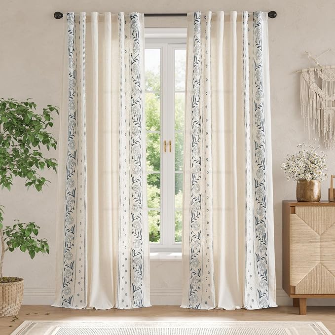 jinchan Winslow Linen Curtains 96 inches Long for Bedroom Embroidered Bordered Floral Curtains for Living Room Farmhouse Decor Light Filtering Window Treatments Blue on Beige Drapes 2 Panels