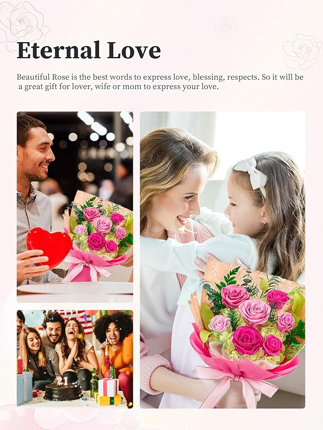 Flomoon Forever Flowers Gifts for Mom, Mothers Day Preserved Flowers Bouquet Birthday Gifts for Her, Preserved Roses for Grandma Wife Anniversary Valentines Day Christmas (7Roses, Hot Pink)