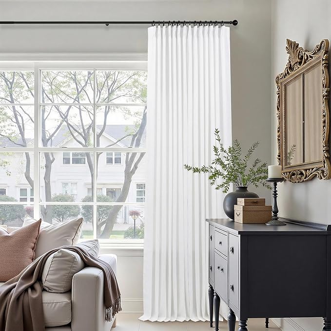 White Linen Pinch Pleated 104 Inch Long Curtains 2 Panels Set for Windows Pinch Pleat Back Tab Privacy Light Filtering Semi Sheer Curtain Boho Drape Hooks Rings for Living Room Bedroom Custom Length