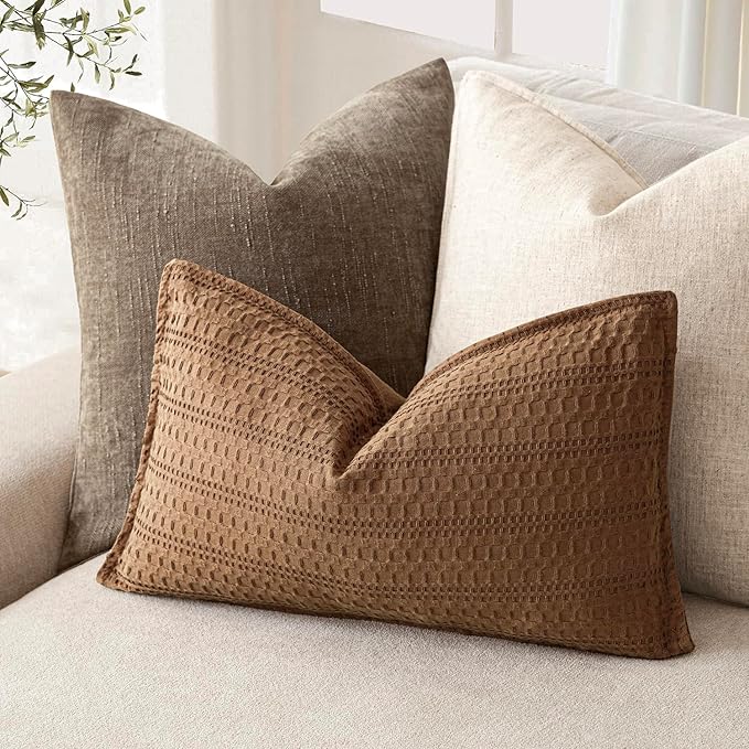 Foindtower Set of 2 Decorative Cotton Waffle Weave Lumbar Throw Pillow Covers Euro Shams Cushion Covers Accent European Pillowcase for Bed Couch Bedroom Living Room Home Decor 12×20 Inch Orange Brown