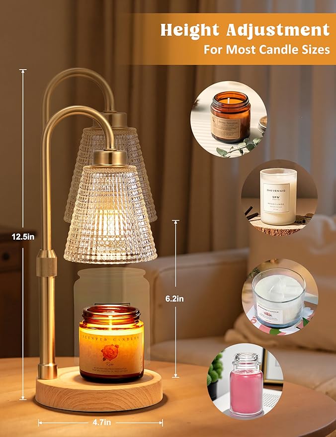 Wood Color& Clear Candle Warmer Lamp with Timer, Dimmable Candle Warmer for Jar Candles, Height Adjustable Wax Melts Warmer, Birthday Gifts for Women Mom, House Warming Gifts New Home Decor