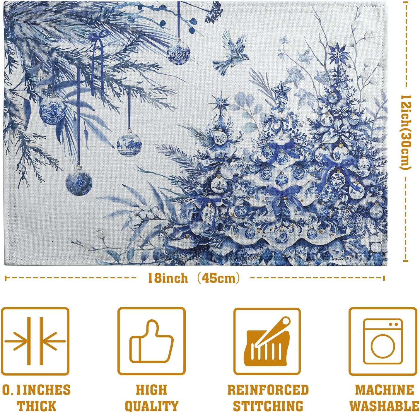 Blue and White Christmas Tree Placemats Set of 4, 12x18 Inch Chinoiserie Xmas Place Mats Winter Holiday Washable Linen Table Mats for Party Kitchen Dining Outdoor Indoor Decor
