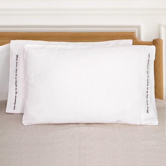 Linen Pillow Cases with Embroidery Design,20"x40" King Size Set of 2,100% French Flax Soft Handmade Linen Pillowcases,White Embroidery