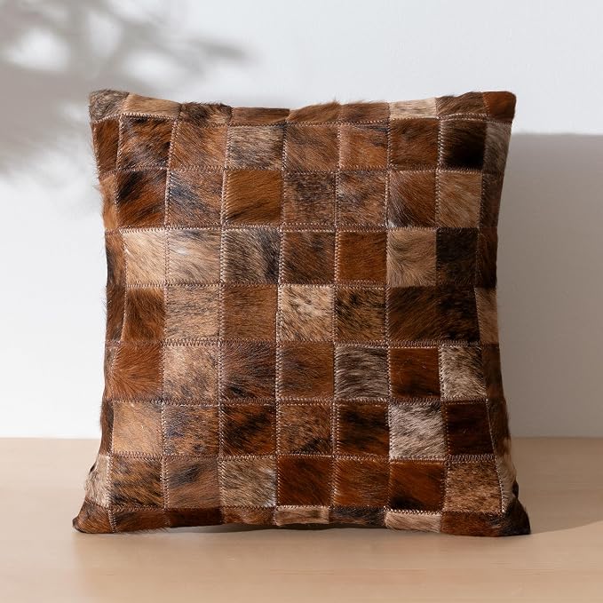 ecowhides 100% Genuine Brazilian Cowhide Patchwork Pillow – Brindle Handcrafted Design – Single-Sided – Luxury Leather Decorative Cushion for Rustic & Western Home Décor – 15” x 15”