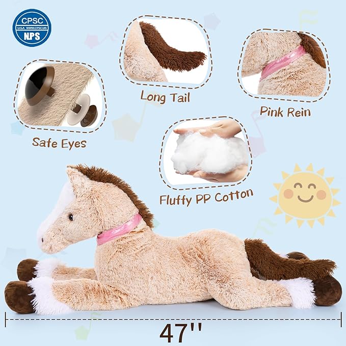 MaoGoLan Giant Horse Stuffed Animal, Large Horse Stuff Plush Toy for Girl Kid Boy, Realistic Stuffed Pony Plush Pillow Gifts for Easter Birthday Party Favor Christmas Decor, 47 inches, Brown
