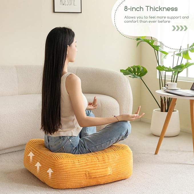 HIGOGOGO 8" Extra Thick Floor Pillow Cushion for Adults, Meditation Cushion Pillow, Large Square Floor Sitting, Tufted Corduroy Cover, for Tatami Living Room or Yoga, 22x22 Inch, 2Pack, Orange