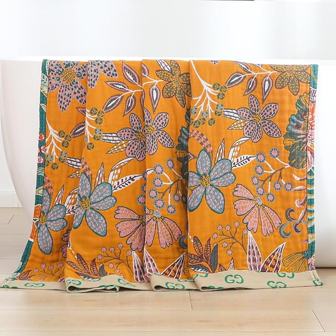 100% Cotton Boho Throw Blanket,4-Layer Gauze Woven Breathable Soft Muslin Blanket with Vintage Floral Design & Yellow/Green,Lightwight Breathable Decor Blanket, Perfect as Bed Sofa Quilt 60" x 80"