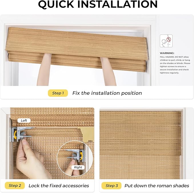 UNISHADES No Drill Cordless Bamboo Roman Shades, 46.5×64 in, Carbonized | Natural material, Light Filtering, Easy Install