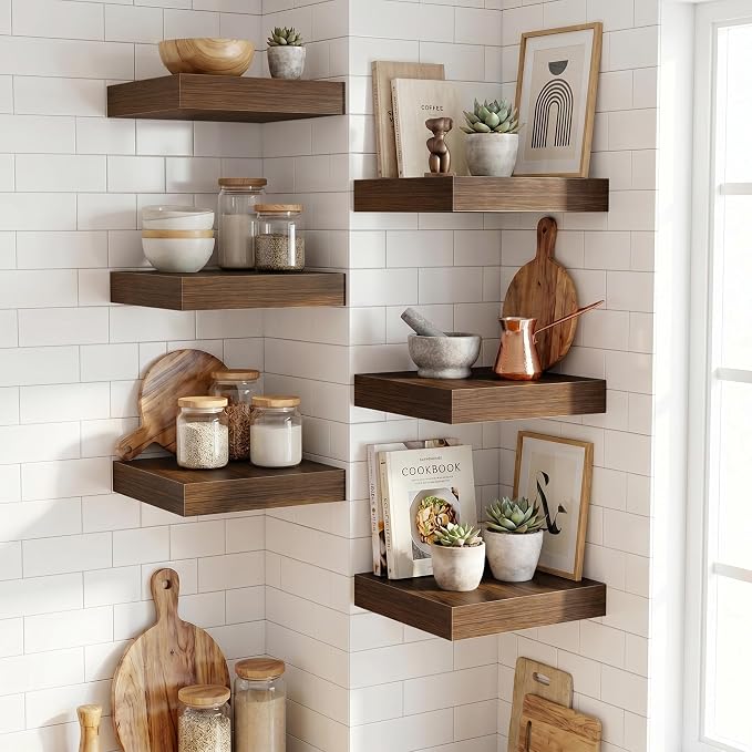 Fun Memories Floating Shelves for Wall 12 Inch, 12 Inch Deep Square Wall Shelves, Bathroom Storage Shelves Over Toilet, Wood Floating Shelves for Living Room Bedroom, Walnut, Set of 2
