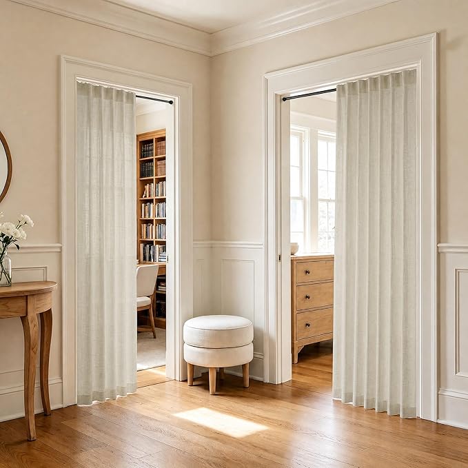 Pitalk Beige Sheer Curtains 80 Inch Length for Living Room 2 Panel Back Tab Rod Pocket Neutral Rustic Modern Farmhouse Semi Privacy Flax Linen Drape Pleated Curtain for Bedroom Wide 52x80 Long Curtain