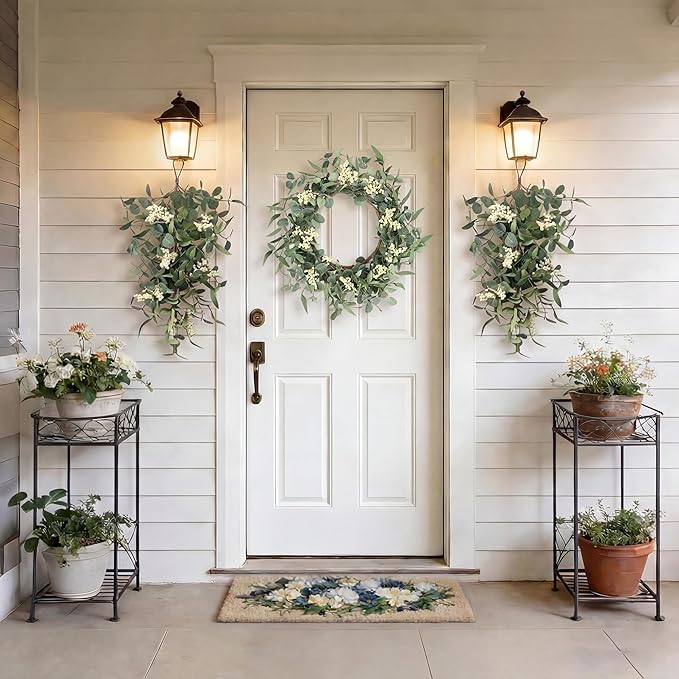 Pinkpum 20'' Eucalyptus Wreath 22'' Teardrop Swags Set 4 for Front Door Fireplace Hanging Porch Wall Home Window Kitchen Decor Farmhouse Garden Party Indoor Outdoor Summer Spring Fall All Seasons