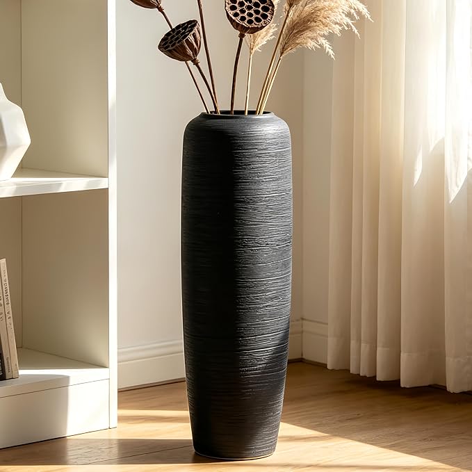 Black Rustic Ceramic Farmhouse Tall Floor Vase,23.6 Inch Vintage Large Vases Pottery Clay Terracotta Rustic Vase for Home Decor Living Room Entryway Table Centerpieces,Kitchen,Housewarming Gifts