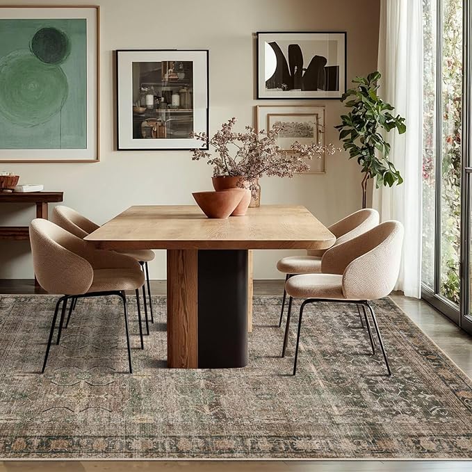 Rugxara Area Rugs for Living Room Bedroom, Washable Rug, Brown Vintage Retro Boho Rug, Non Slip & Low Pile Wool Thin Carpet for Indoor Dining Room, Kids Room and Office(Charcoal/Olive 4x6ft)