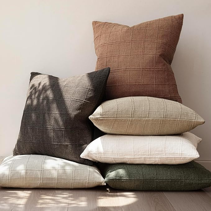 Foindtower Set of 2 Decorative Linen Check Throw Pillow Covers Neutral Farmhouse Vintage Cushion Covers Modern Boho Home Decor for Sofa Chair Couch Bedroom Living Room,16×16 Inch,Dark Brown
