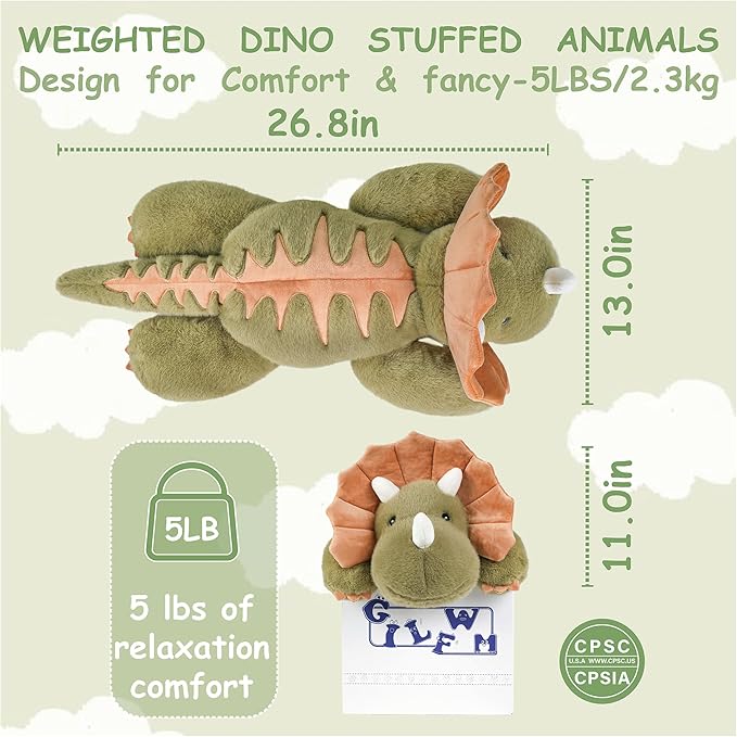 GILFWM Weighted Stuffed Animals Dinosaur - 26.8" Big Stuffed Animal Toy Pillow for Kids & Adults, 5 lbs Soft Washable Weighted Dino Plush