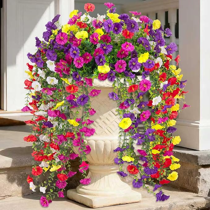 Fake Artificial Hanging Morning Glory Flowers for Outdoor Planters Porch Pation Decoration,8 Bundles UV Resistant Silk Faux Flowers with Realistic Eucalyptus Plants for Home Office Garden Decor