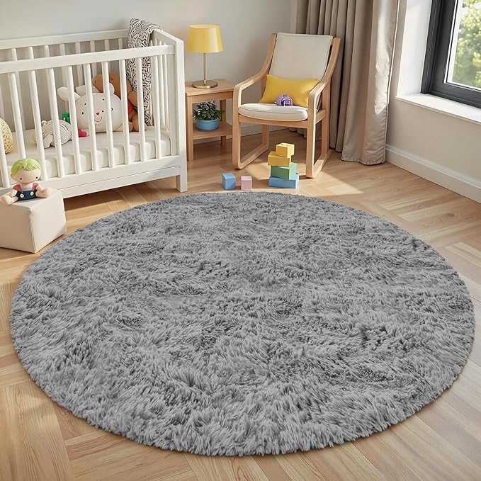 Light Gray Round Fluffy Rug 6ft Plush Fuzzy Shaggy Carpet,Soft Rugs for Living Room for Nursery,Preppy Dorm,Classroom,Playroom,Teen,Baby Home Decor (Light Gray 6"x6")