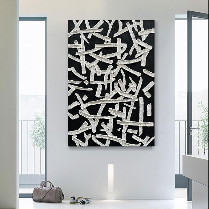 NANKAI Art Hand Painted Oil on Canvas in Black and White Modern Abstract Minimalist Oil Painting Home Wall Art Deco 45x30 inches