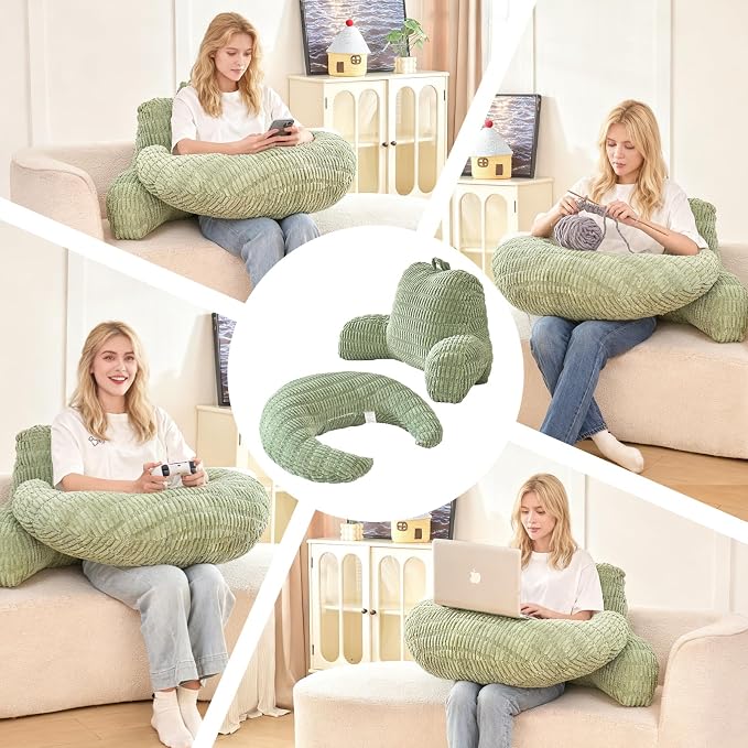 17" Reading Pillow for Bed,U Shaped Arm & Elbow Support,Green Corduroy | Backrest Supports Back,U Shaped Lap Pillow Cushions Arms,Elbows & Wrists,Ribbed Corduroy for Reading,Gaming,Watching TV