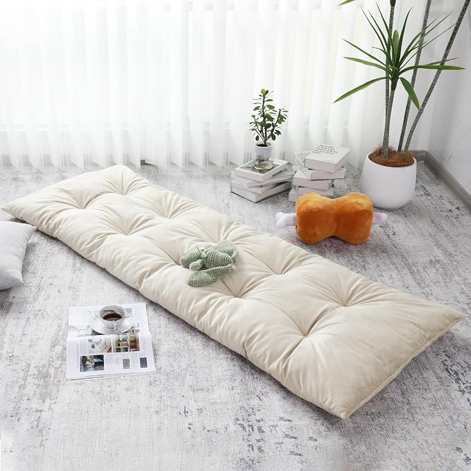 BALAPET Floor Lounger Pillow,Foldable Light Thick Tufted Floor Pillow Cushion with Elasticized Webbing for Easy Storage Floor Lounger for Meditation, Playing, Yoga, Reading, Sleeping(Beige White)