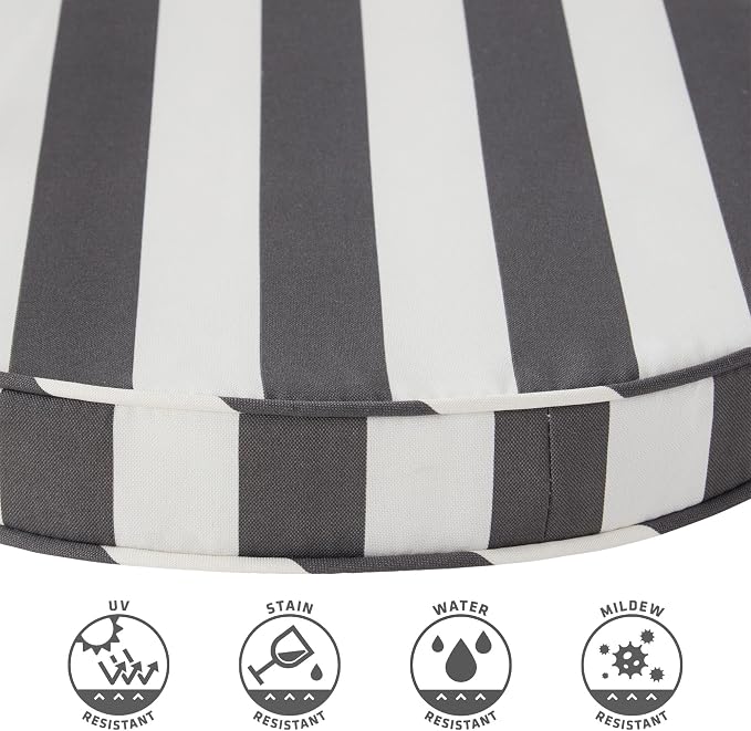 Set of 2 Outdoor 18 inch Round Patio Dining Chair Pads – Comfortable Fiber-Filled Seat Cushions with Ties, Reversible Polyester Fabric, Canopy Stripe Gray