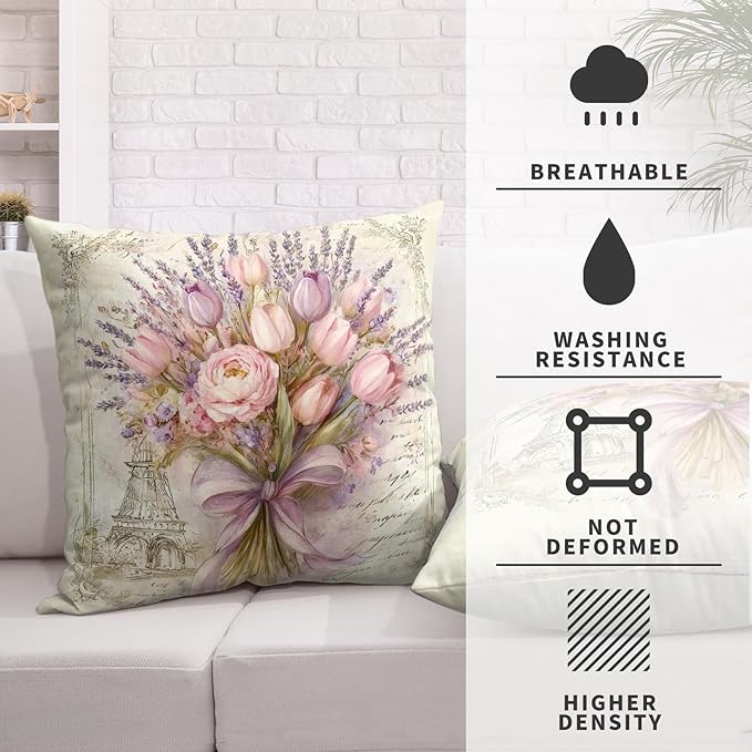 Pink Purple Tulip Pillow Covers Vintage French Script Lavender Flower Throw Pillow Covers 18x18 Set of 2 Retro Spring Summer Floral Pillow Cases Shabby Chic Cushion Case for Sofa