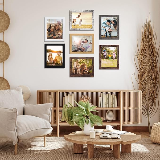 PETAFLOP 8x10 Picture Frame Set of 7 in Multi Color, Distressed Rustic Wooden Frame with HD PS for Wall and Tabletop Display