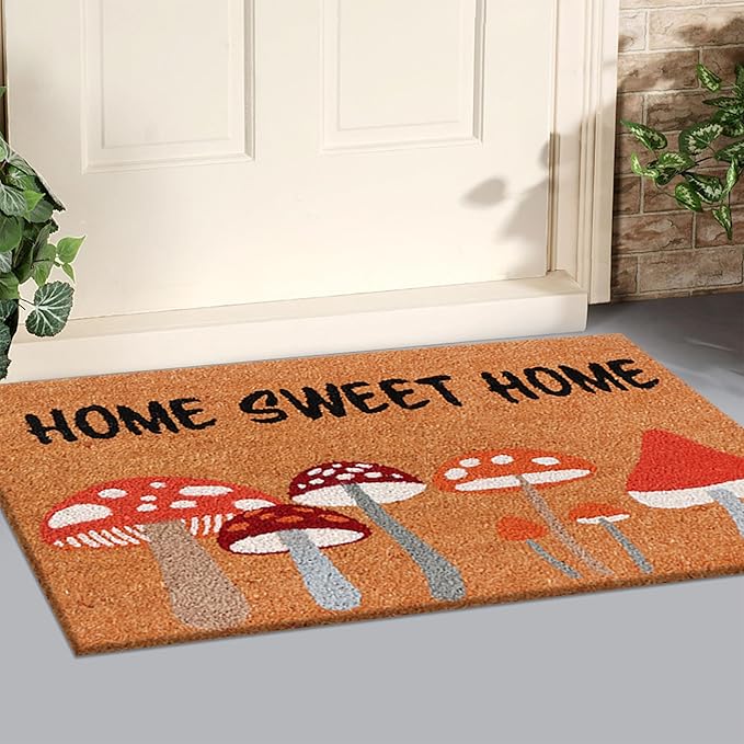A1HC Natural Coco Coir Door Mat Home Sweet Home Mushroom Doormat with Heavy Duty Non-Slip PVC Backing - 18" x 30" - Easy to Clean, Welcome Mat for Home, Porch Decor Doormat