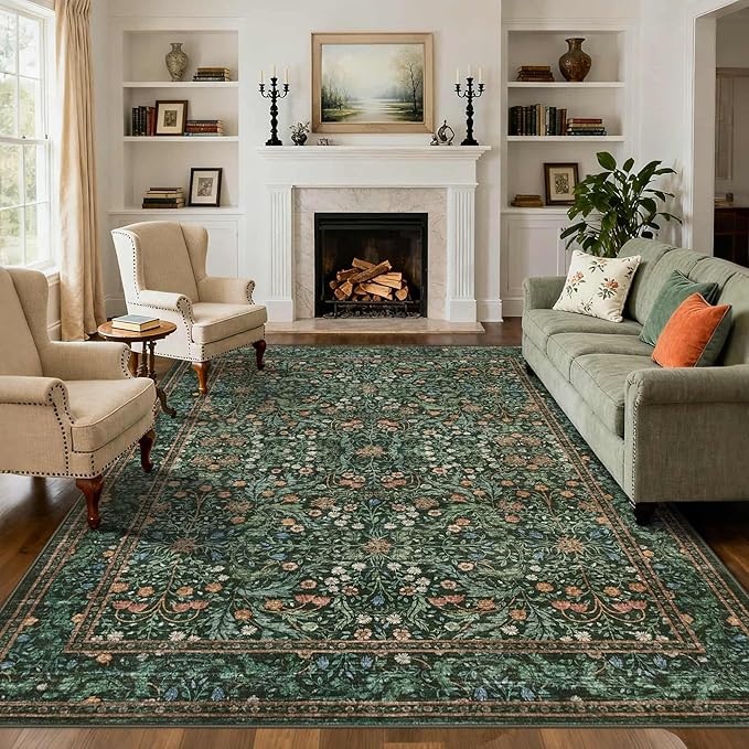 Rugxara 8x10 Area Rugs for Living Room Bedroom, Large Washable Rug, Green Vintage Floral Boho Rug, Non Slip & Low Pile Faux Wool Thin Carpet for Indoor Dining Room and Kids Room(Green 8x10ft)