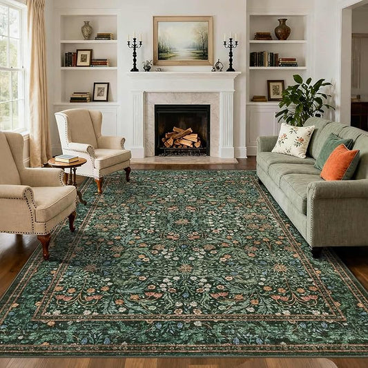 Rugxara 8x10 Area Rugs for Living Room Bedroom, Large Washable Rug, Green Vintage Floral Boho Rug, Non Slip & Low Pile Faux Wool Thin Carpet for Indoor Dining Room and Kids Room(Green 8x10ft)