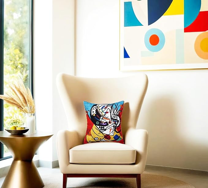 Kandinsky Balancement Decorative Pillow Cover Abstract Toss Pillows Farmhouse Chair Cushion Contemporary Pillow Mid-Century Chair Cushions Hand Embroidered Pillow Wool Size 18x18