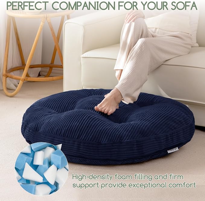 HIGOGOGO 35" Floor Pillow Cushion for Adults, Meditation Cushion Pillow, Extra Large Square Floor Sitting, Tufted Corduroy Cover for Tatami Living Room or Yoga, Navy