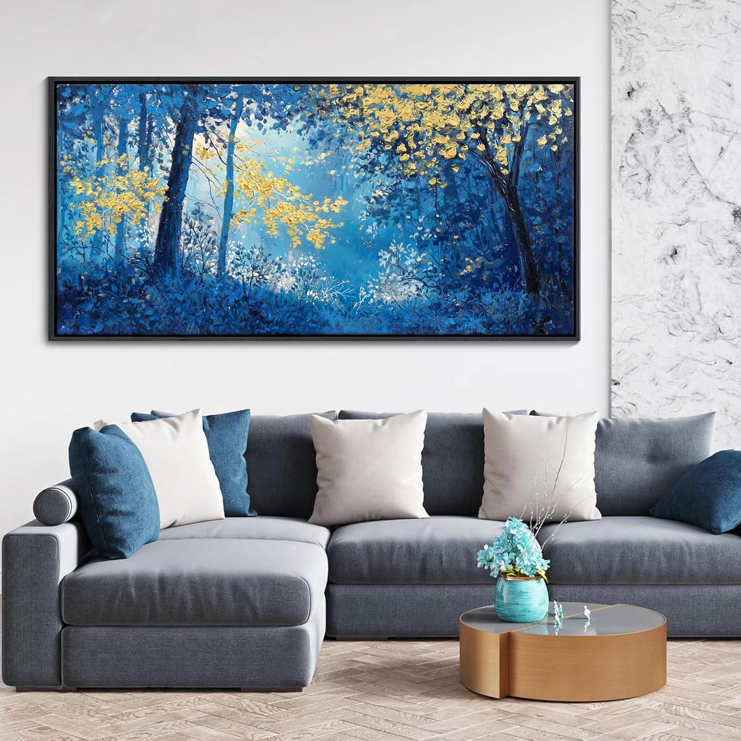 Blue and Gold Canvas Wall Art - Forest Bedroom Wall Art - Tree Wall Pictures for Living Room, Office, or Bedroom - Nature Landscape Canvas Decor Framed Painting 29×58IN