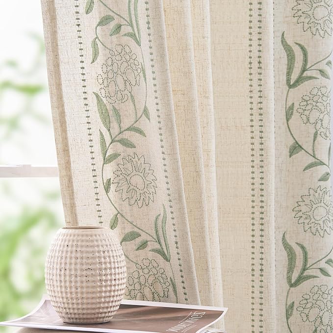 jinchan Winslow 4 Panel Curtains Set 96 Inch Length Embroidered Bordered Floral Curtains for Living Room Farmhouse Decor Light Filtering Window Treatments Sage on Beige Drapes 4 Panels