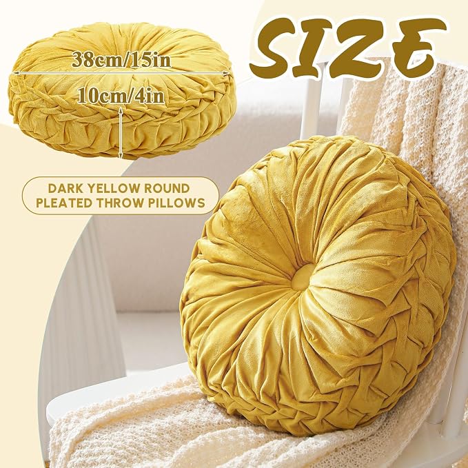 Drydiet 1 Pcs Round Throw Velvet Pillows Decorative Pleated Throw Pillows Diameter Accent Pumpkin Boho Chair Cushion for Couch Sofa Home Decoration (Golden Mustard,15'')