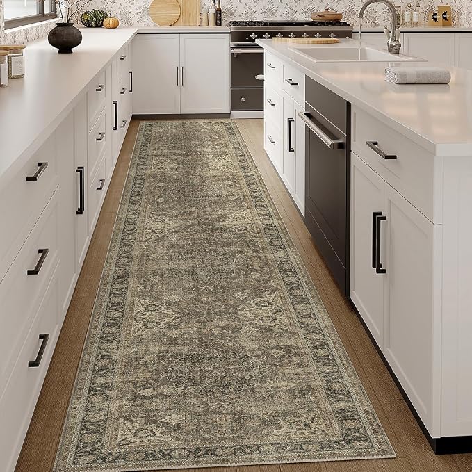 3x10 Washable Runner Rug Brown Vintage Non Slip Soft Low Pile Hallway Kitchen Rug Distressed Oriental Carpet for Laundry Bathroom Bedroom Living Room Home Decor