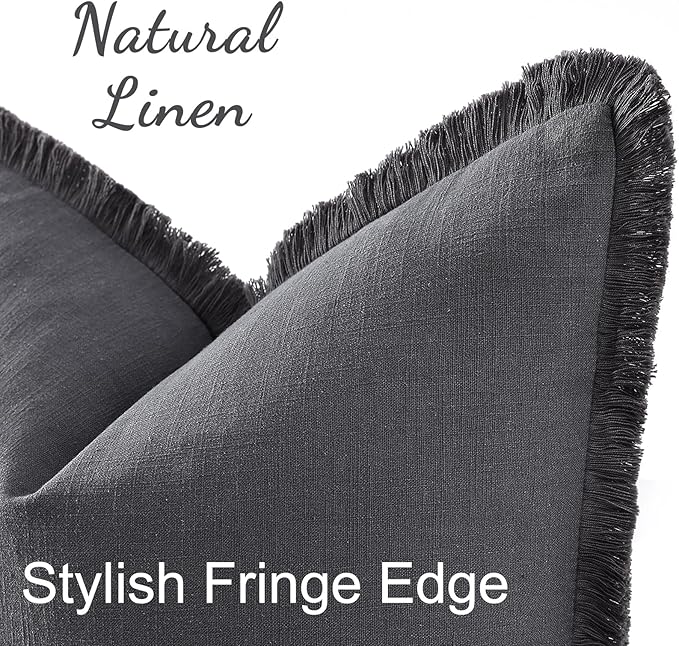 decorUhome Summer Decorative Neutral Linen Fringe Euro Sham Throw Pillow Covers Set of 2 Dark Grey Pillow Covers with Tassels Soft Farmhouse Boho Accent Pillow Cases for Couch Bed Sofa 22x22 Inch