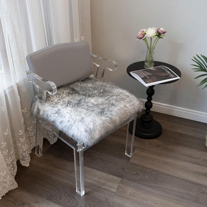 Sheepskin Chair Cushion Non-Slip Back Square Genuine Fur Chair Cover Silky Natural Wool Seat Cushion Pad Soft Area Rugs Carpet for Home Office Restaurant Chair 18x18 Inch (Pack of 1), Silver Grey