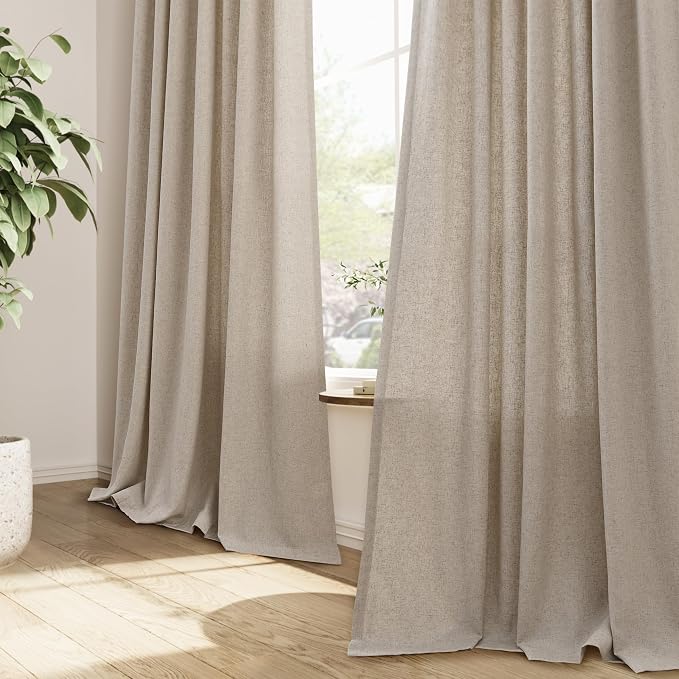 Light Khaki Pinch Pleated Linen Curtains 90 Inches Long Country Boho Farmhouse Semi Sheer Textured Linen Blended Light Filtering Curtain for Living Room Bedroom Pleated Drapes with Hooks Rings 40x90
