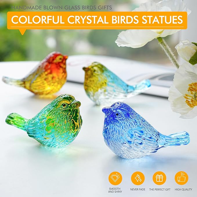 Set of 4 Glass Bird Crystal Collectible Figurines Valentines Gifts for Bird Lovers Red Bird Stuate Decor for Party Wedding Anniversary