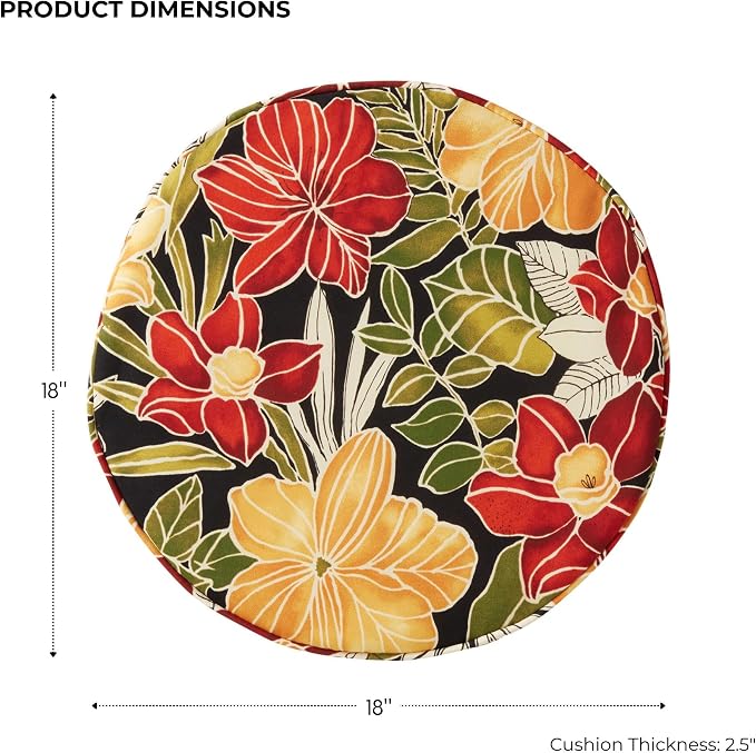 Set of 2 Outdoor 18 inch Round Patio Dining Chair Pads – Comfortable Fiber-Filled Seat Cushions with Ties, Reversible Polyester Fabric, Aloha Black Floral